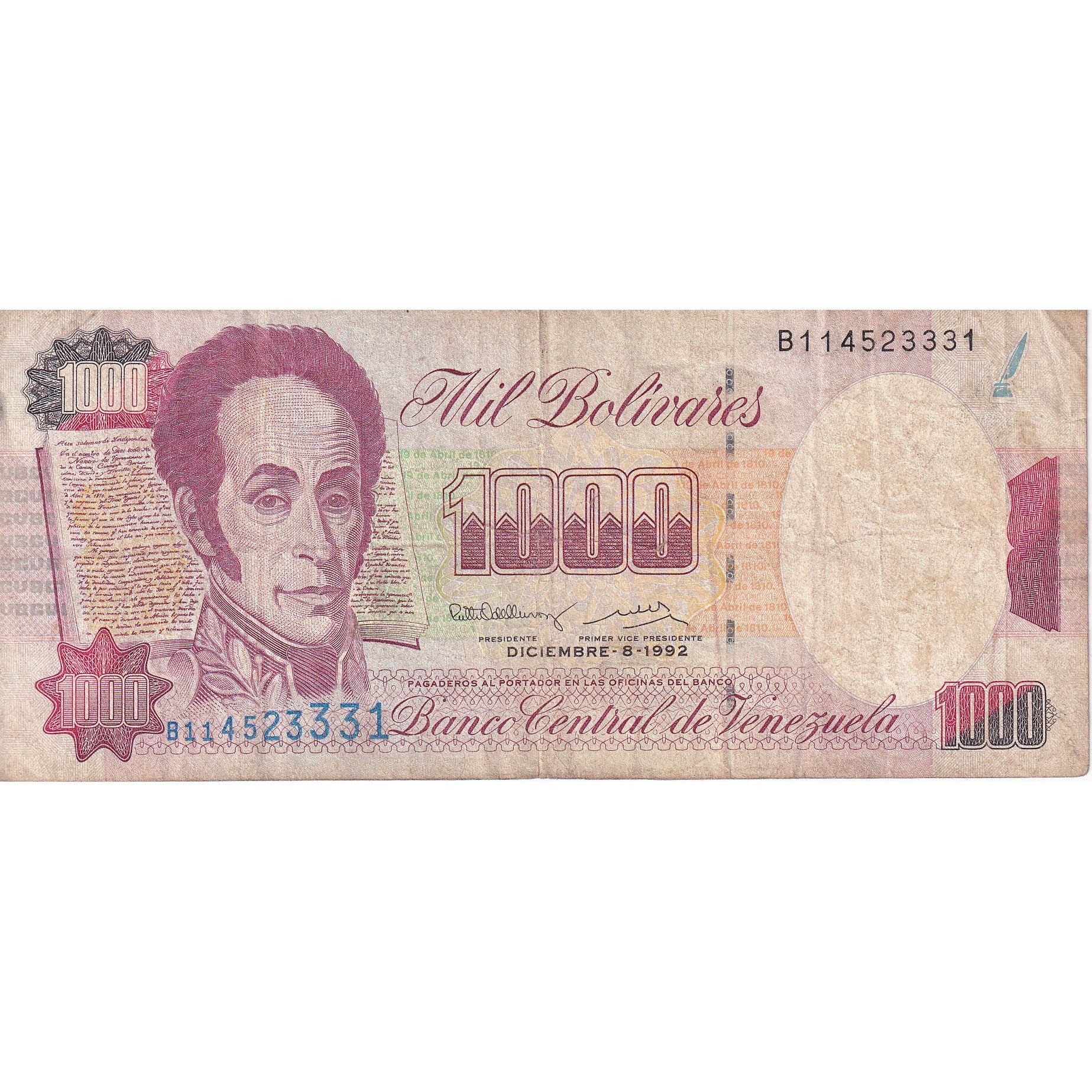 Venezuela, 1000 Bolivares, 1992, 1992-12-08, KM:73c, VF(20-25)