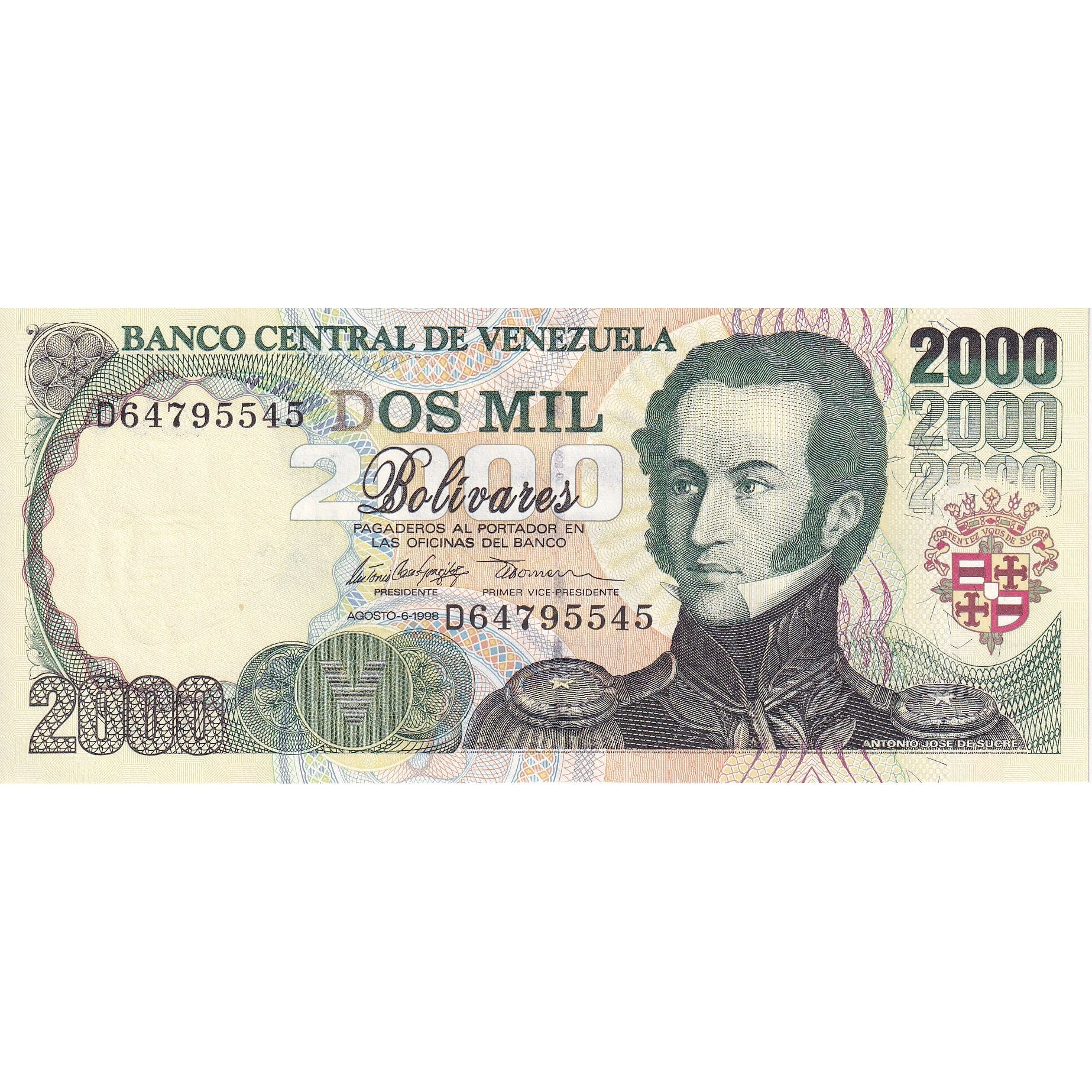 Venezuela, 2000 Bolivares, 1998, 1998-08-06, KM:77c, UNC(65-70)