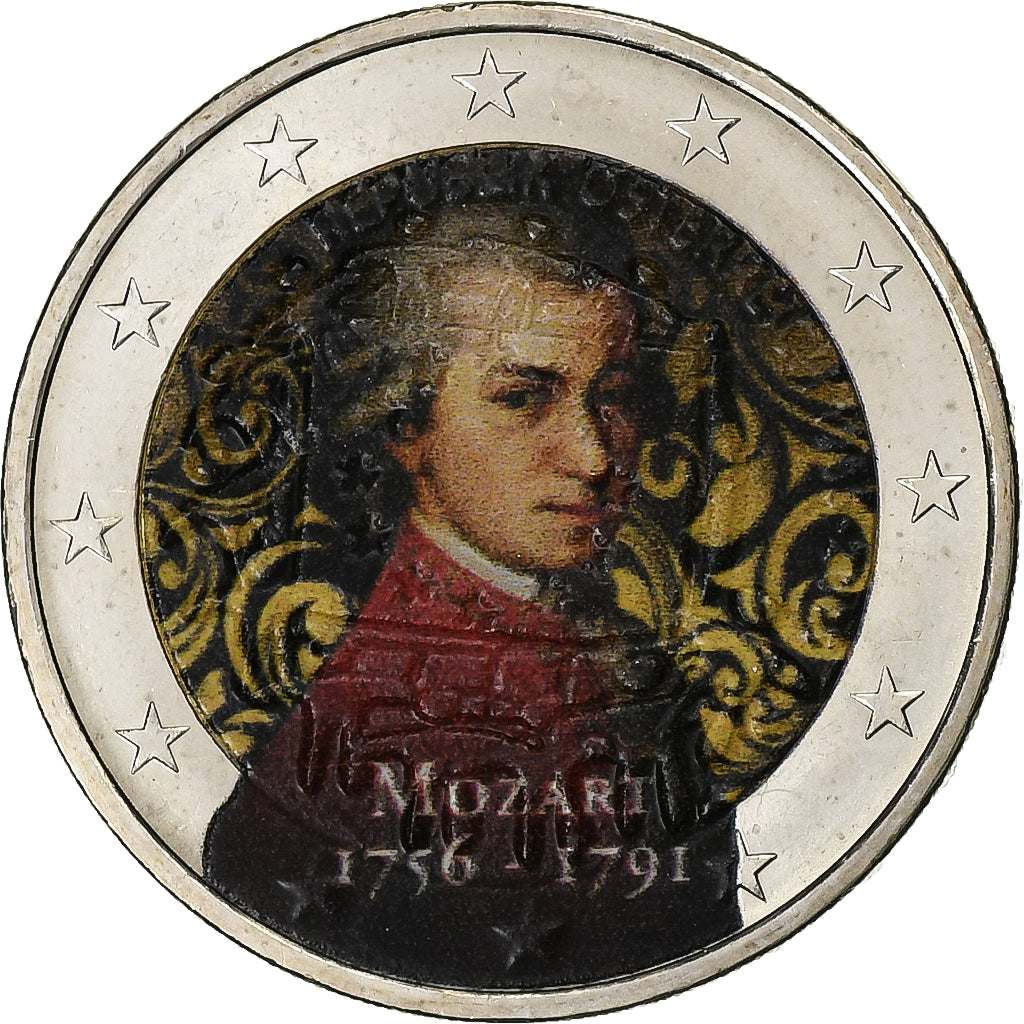 Austria, 2 Euro, Mozart, Colourized, Bimetálico, SC