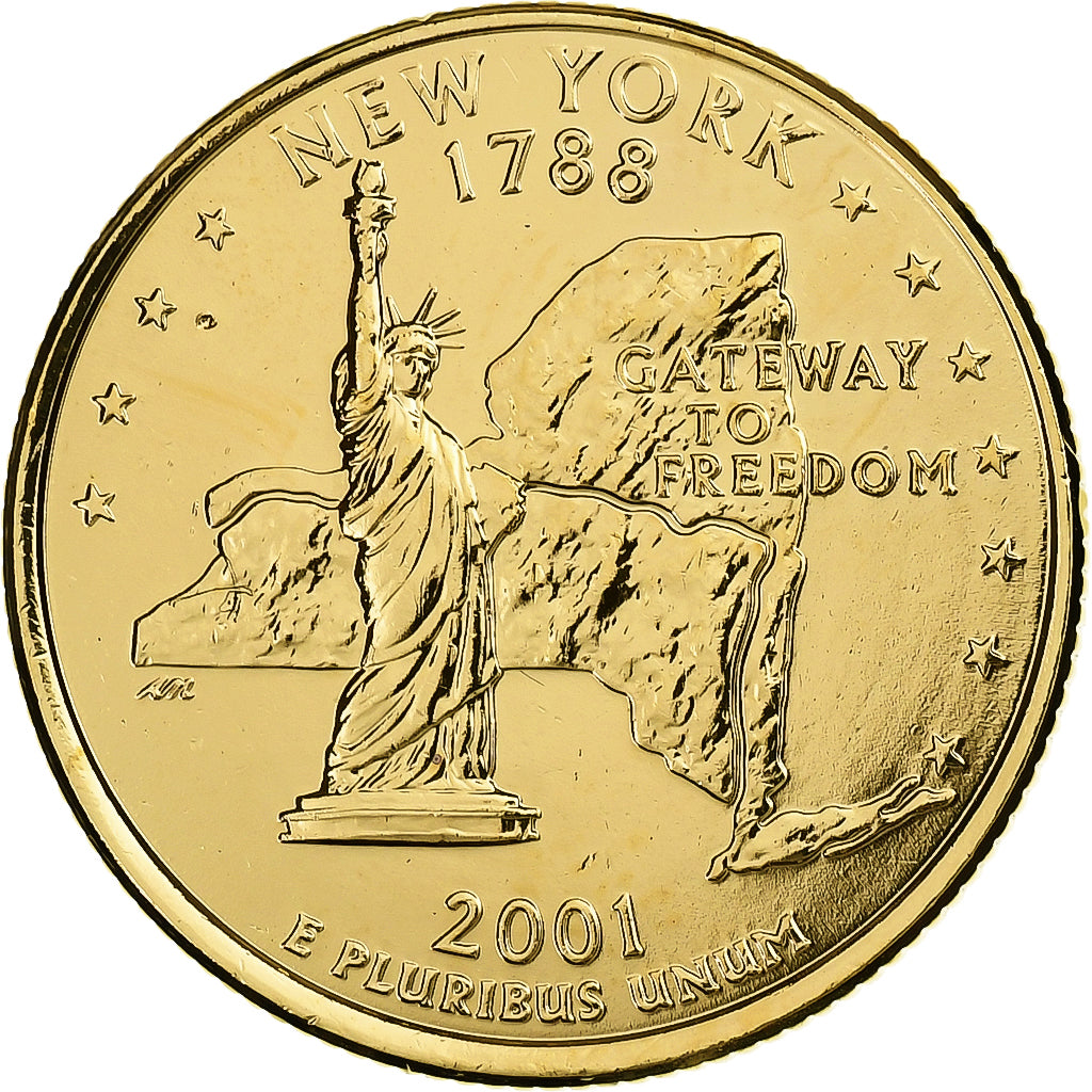 Stati Uniti, Quarter, Quarter Dollar, 2001, U.S. Mint, New York 1788, Doratura