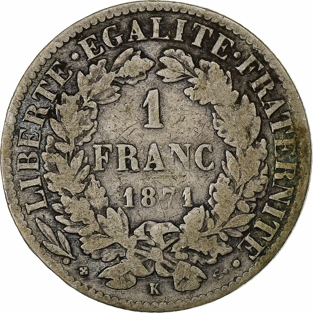 France, Franc, Cérès, 1871, Bordeaux, Silver, VF(20-25), Gadoury:465, KM:822.2
