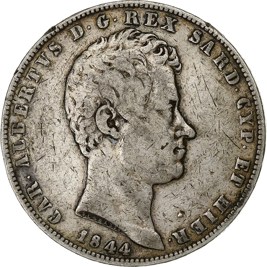 États italiens, SARDINIA, Carlo Alberto, 5 Lire, 1844, Genoa, Argent, TB+