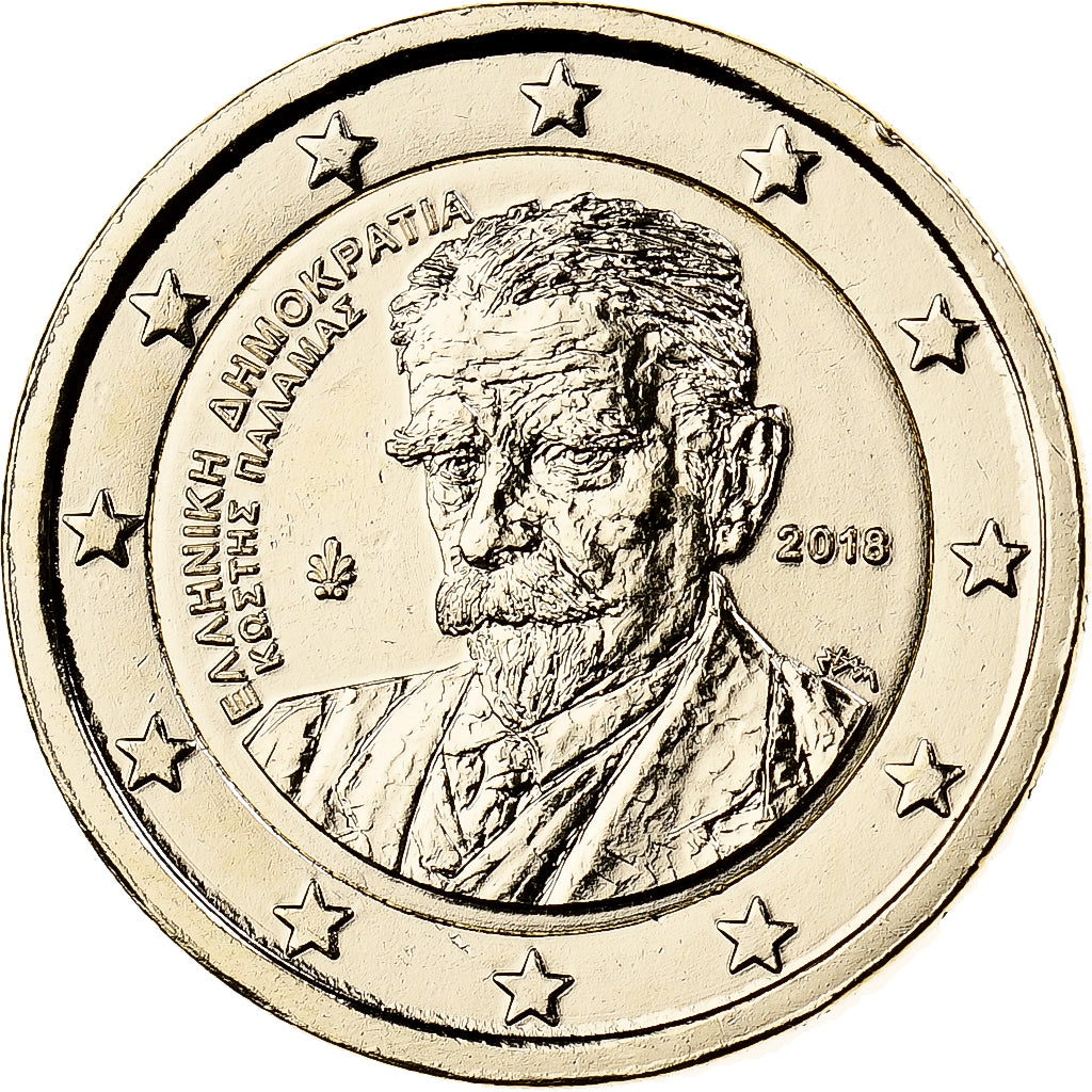 Grecja, 2 Euro, Kostis Palamas, 2018, Mosiądz, MS(63)