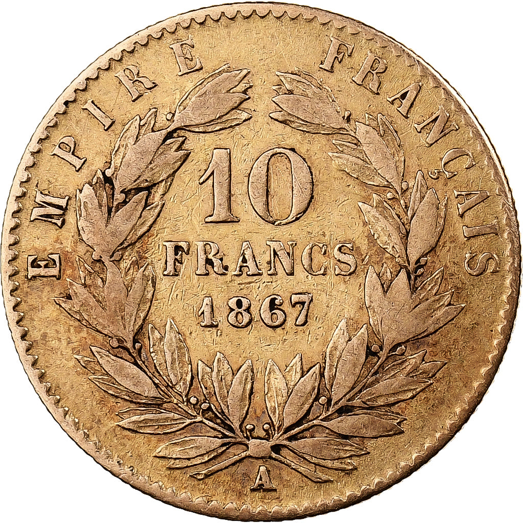Frankrijk, Napoleon III, 10 Francs, 1867, Paris, Goud, ZF, Gadoury:1015