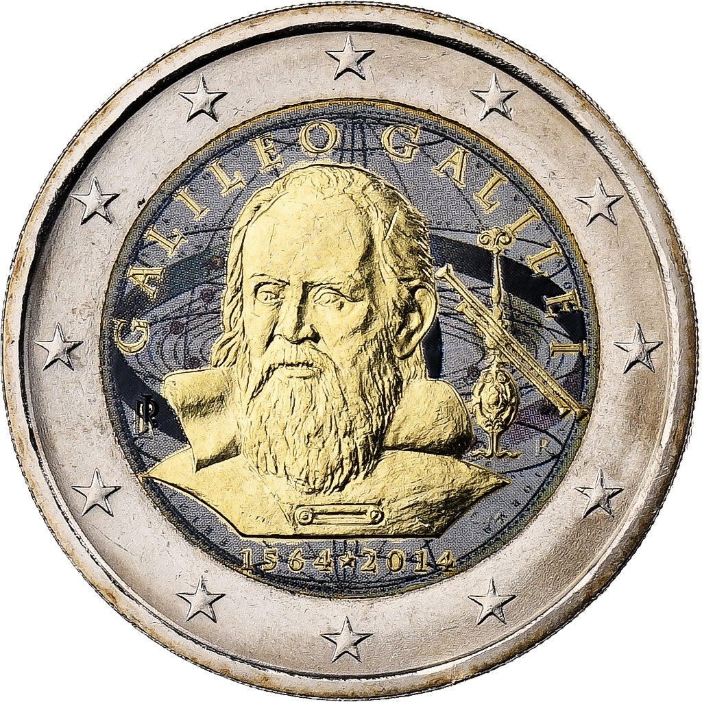 Italia, 2 Euro, Galileo Galilei, Colourized, 2014, Bi-metallico, SPL, KM:New