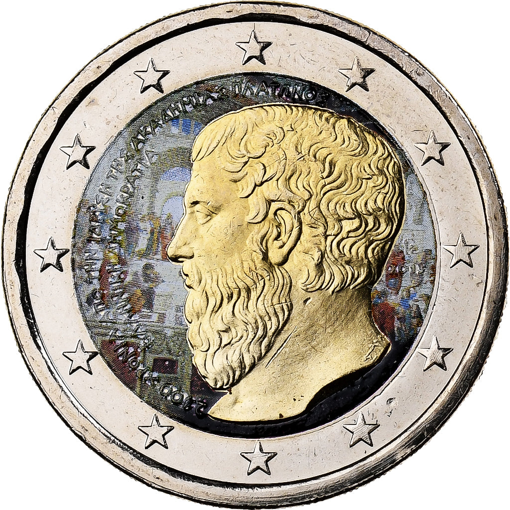 Grecja, 2 Euro, Platon, Colourized, 2013, Athens, Bimetaliczny, MS(63), KM:New
