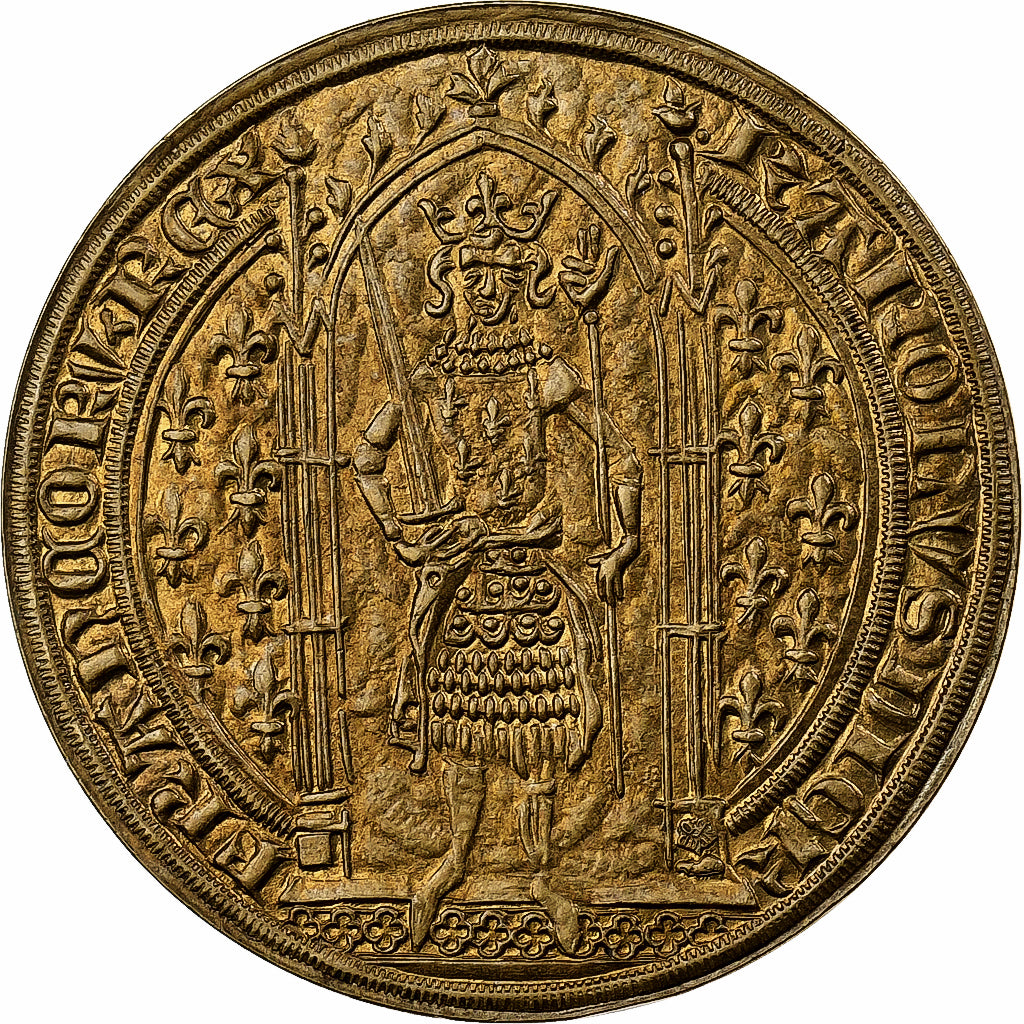 France, Jeton, Reproduction du Franc à Pied, Charles V, Copper-Nickel Gilt, SPL