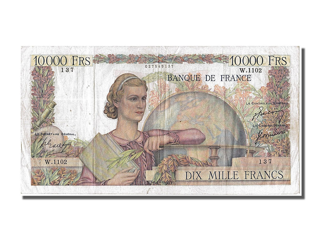 Billete, Francia, 10,000 Francs, 10 000 F 1945-1956 ''Génie Français'', 1950