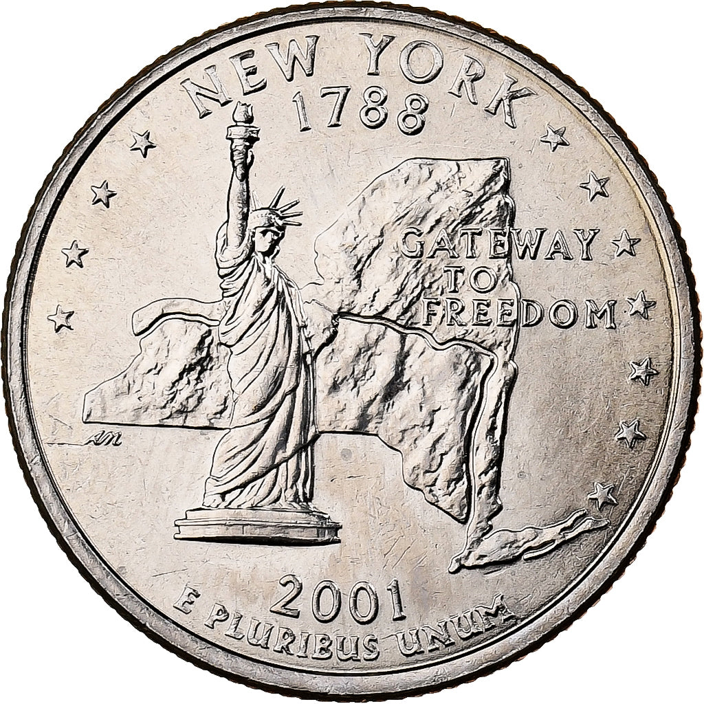 Stati Uniti, Quarter, Quarter Dollar, 2001, U.S. Mint, New York 1788, Rame