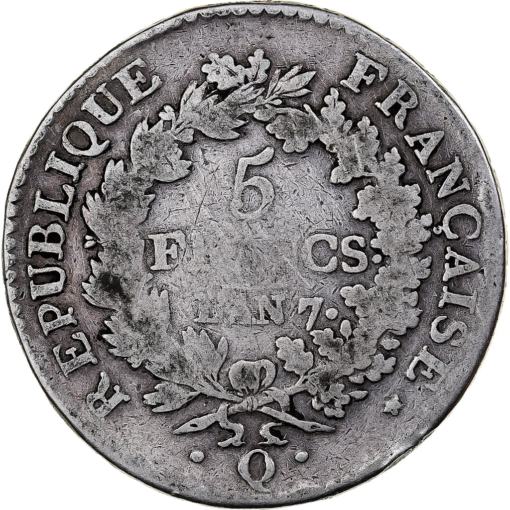 Francia, 5 Francs, Union et Force, AN 7, Perpignan, Argento, B+, Gadoury:563