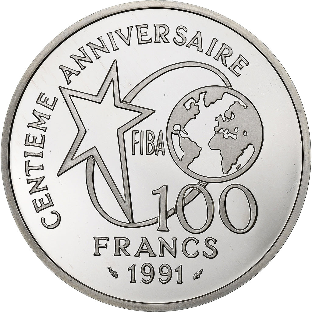 França, 100 Francs, FIBA, basket-ball, 1991, Monnaie de Paris, BE, Prata