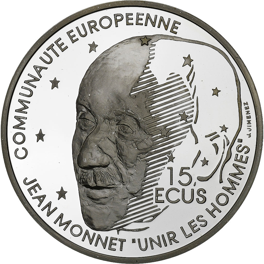França, 100 Francs-15 Ecus, Jean Monnet, 1992, Proof, Prata, MS(65-70)