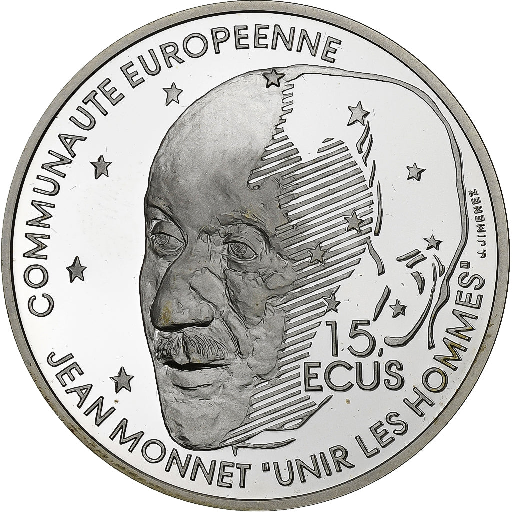 França, 100 Francs-15 Ecus, Jean Monnet, 1992, Proof, Prata, MS(65-70)