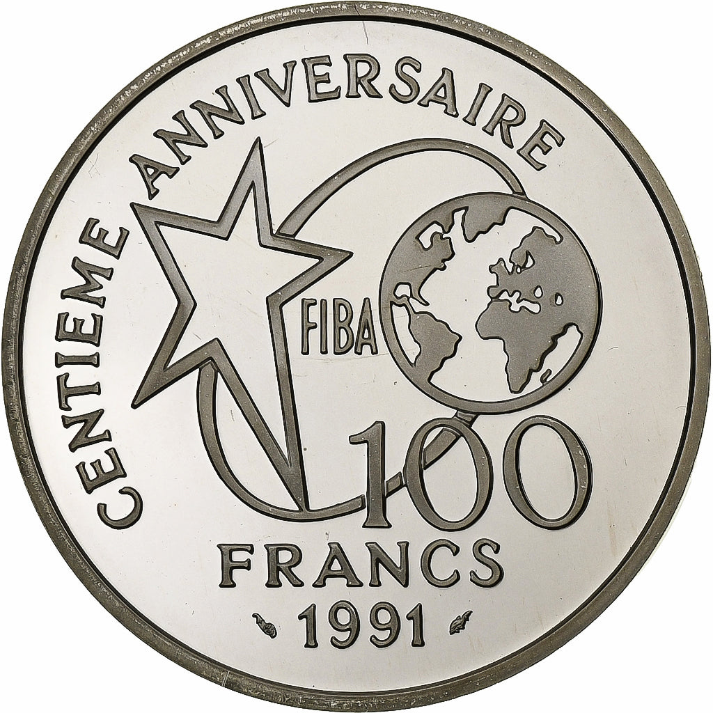 França, 100 Francs, Basket-ball, Dribbleur, 1991, Monnaie de Paris, BE, Prata