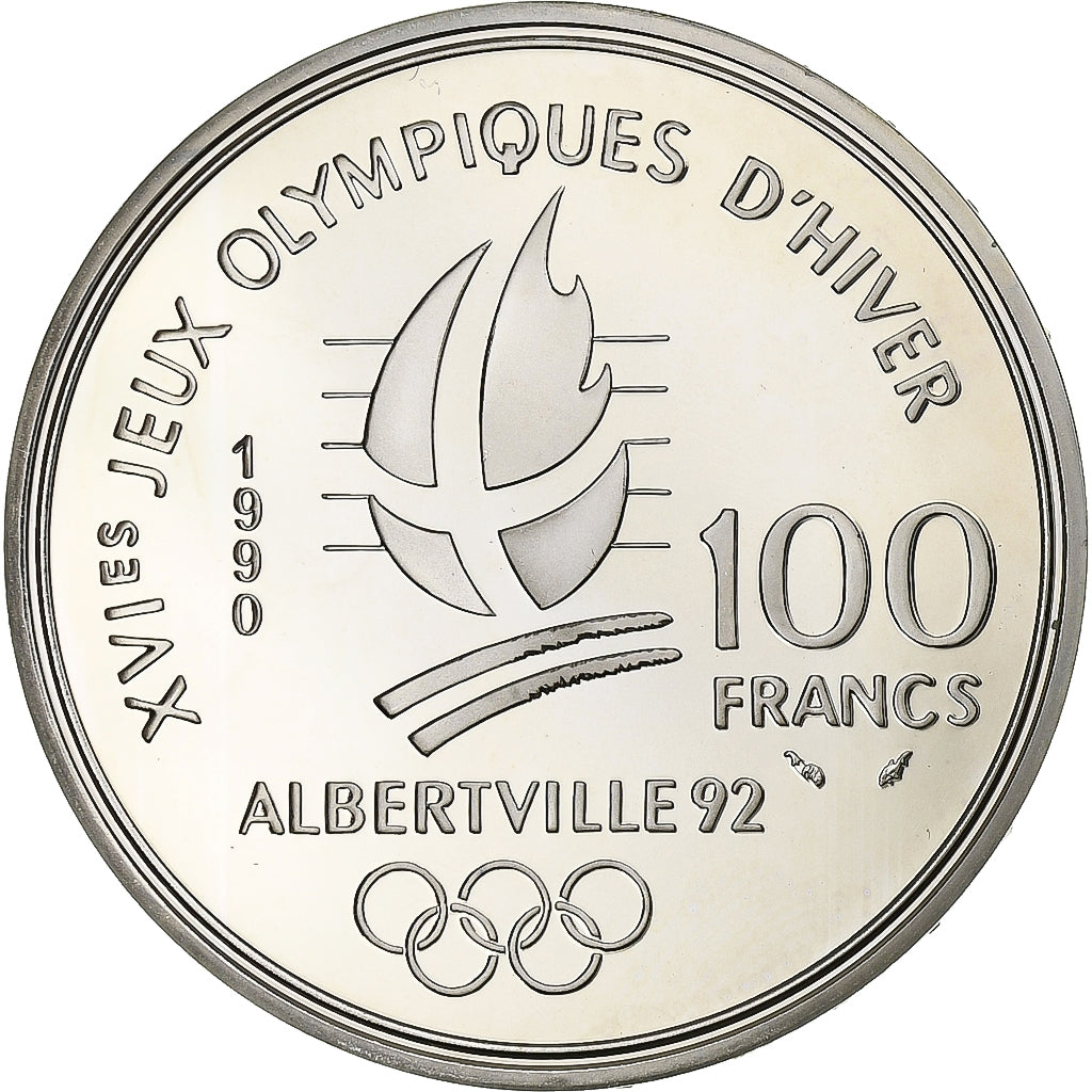 France, 100 Francs, 1990, JO Alberville Bobsleigh.BE, Silver, MS(65-70)