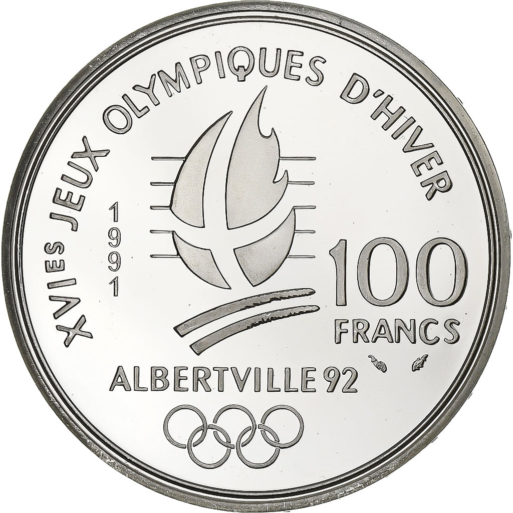 Francia, 100 Francs, 1991, JO Albertville : skieur de fond, Argento, FDC