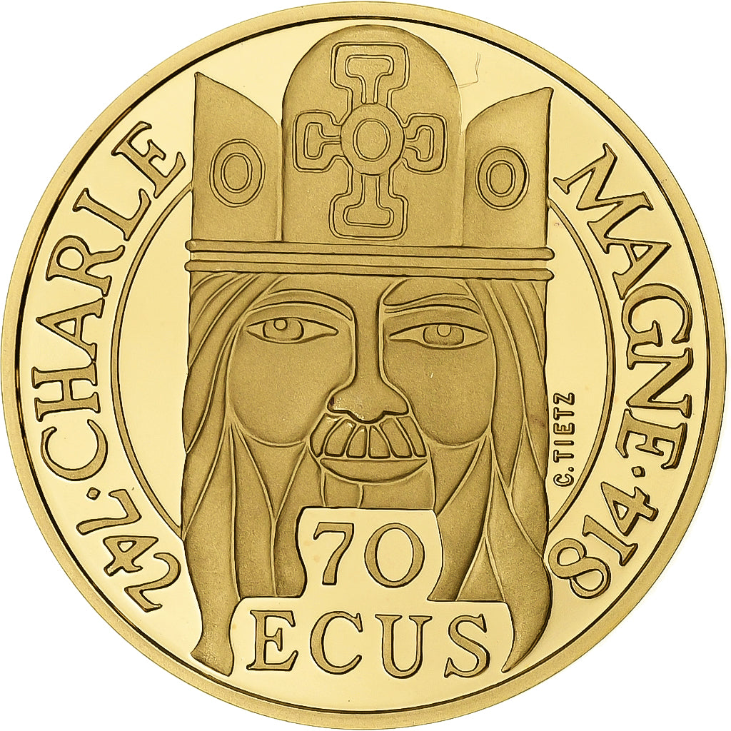 Francia, 500 Francs, 70 Écus, Charlemagne, 1990, Monnaie de Paris, Prueba, Oro