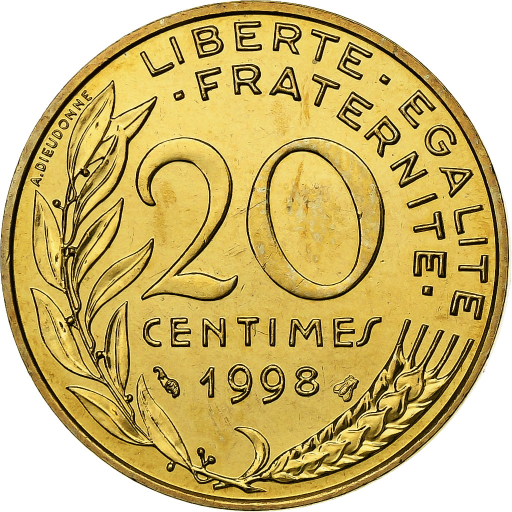 Munten, Frankrijk, Marianne, 20 Centimes, 1998, Paris, BU, FDC, Aluminum-Bronze