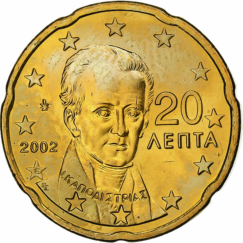 Grecja, 20 Euro Cent, 2002, Athens, MS(65-70), Mosiądz, KM:185