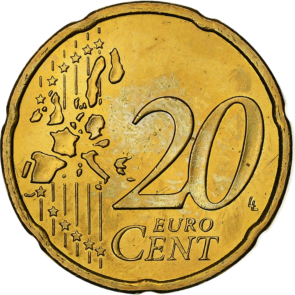 Grecja, 20 Euro Cent, 2002, Athens, MS(65-70), Mosiądz, KM:185
