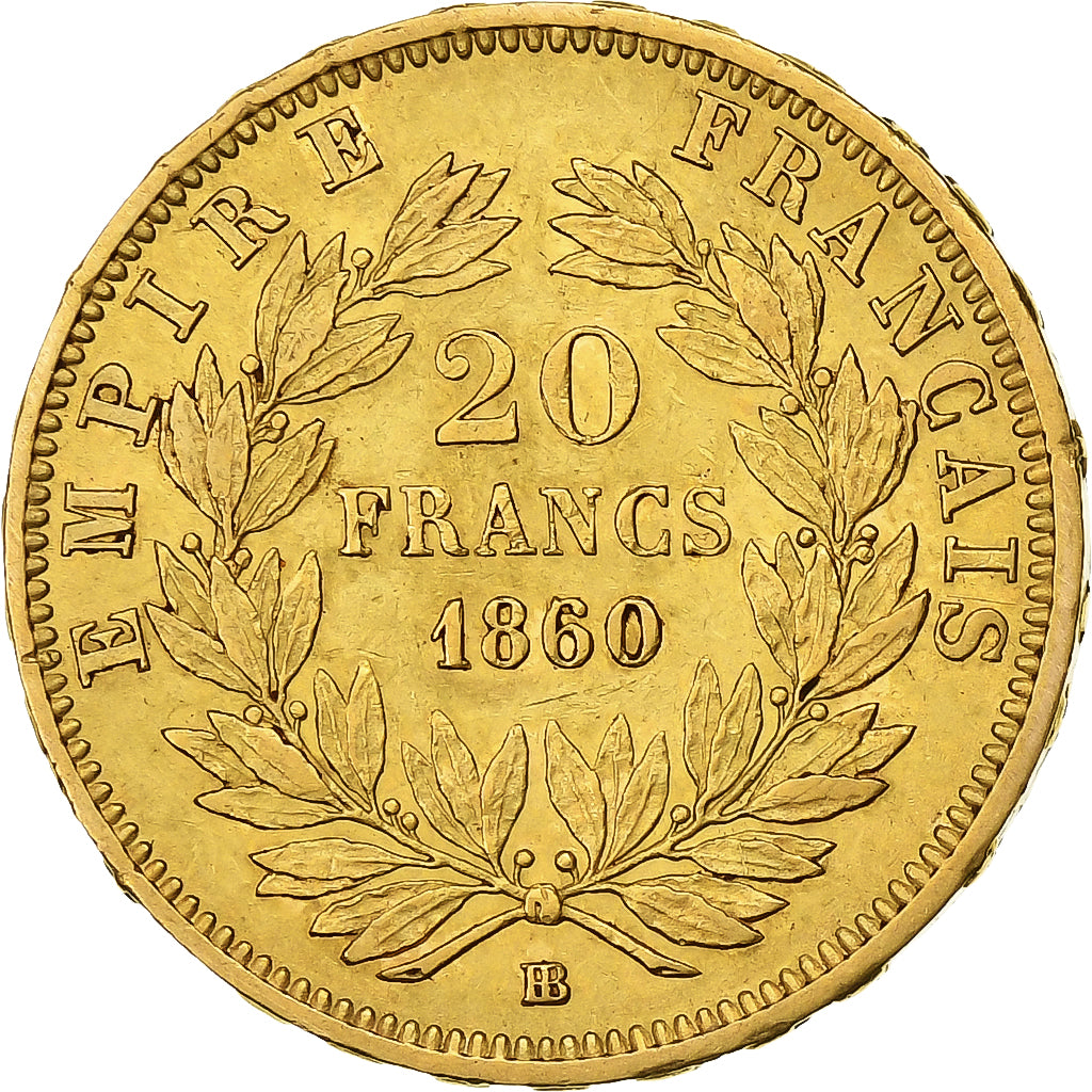 Francja, Napoleon III, 20 Francs, 1860/50, Strasbourg, Złoto, EF(40-45)