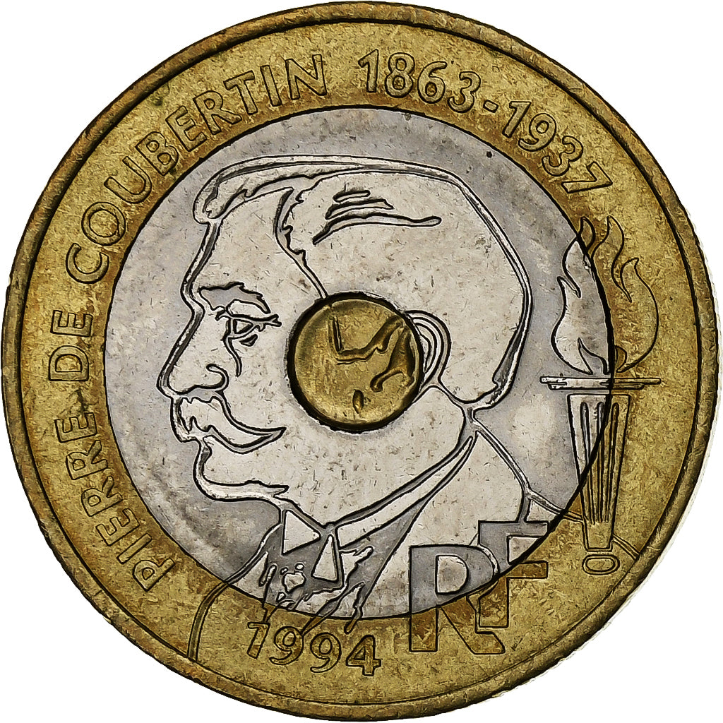 França, 20 Francs, Pierre de Coubertin, 1994, Trimetálico, AU(55-58)