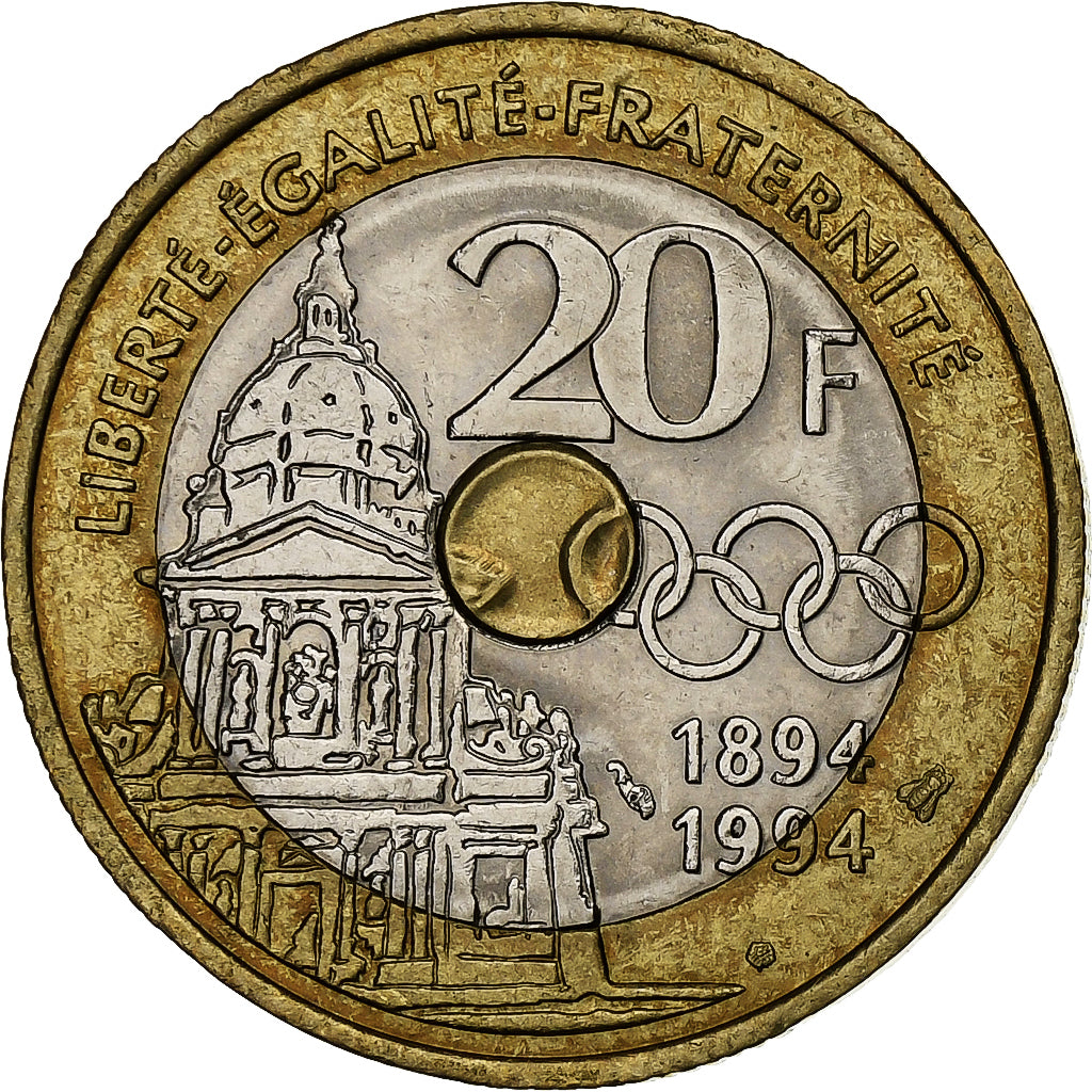 França, 20 Francs, Pierre de Coubertin, 1994, Trimetálico, AU(55-58)