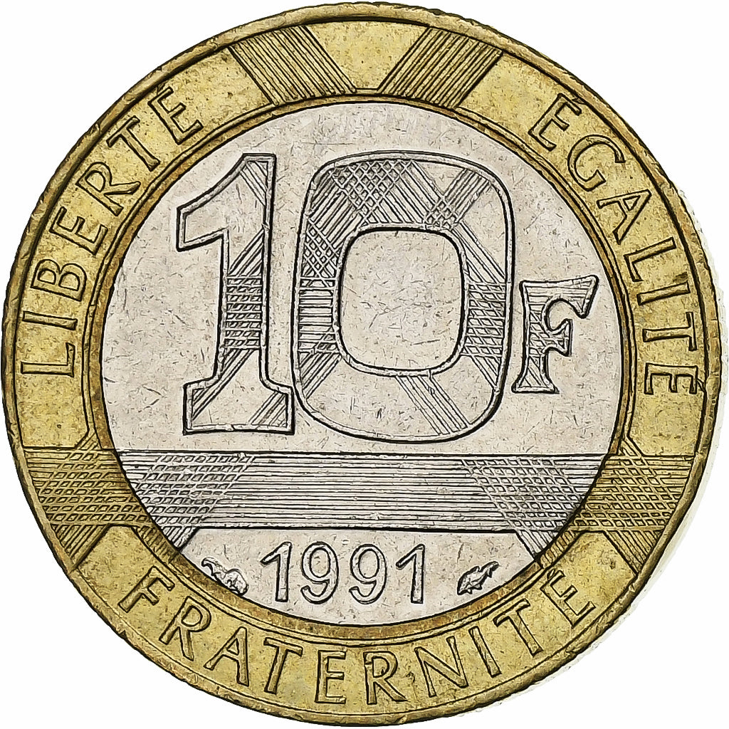 Francia, 10 Francs, Génie, 1991, Bi-metallico, BB+, Gadoury:827, KM:964.1