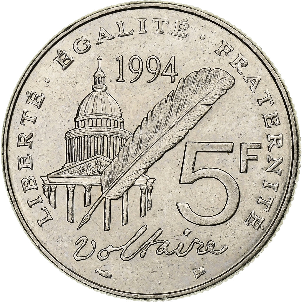 Francia, 5 Francs, Voltaire, 1994, Paris, Nichel, BB+, Gadoury:775, KM:1063