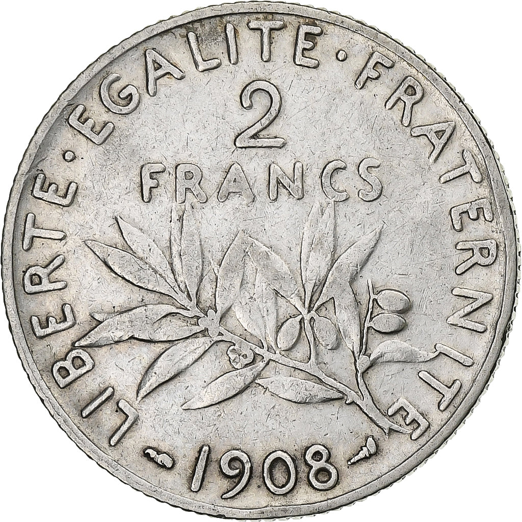 Coin, France, Semeuse, 2 Francs, 1908, Paris, EF(40-45), Silver, KM:845.1