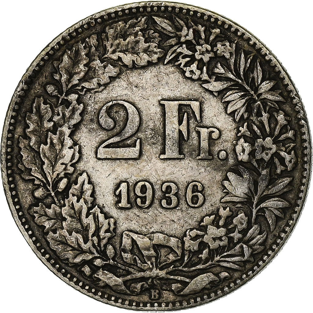Suiza, 2 Francs, 1936, Bern, Plata, MBC, KM:21