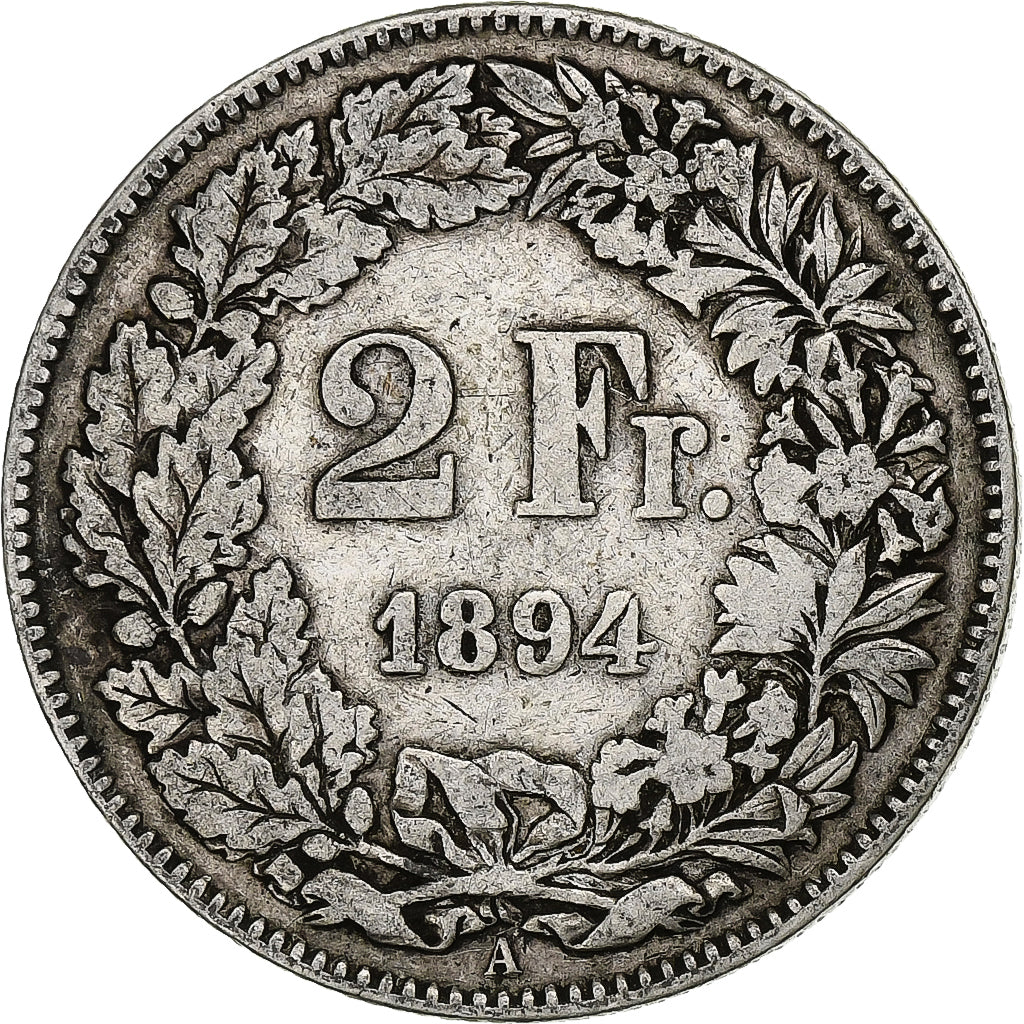 Suiza, 2 Francs, 1894, Paris, Plata, BC+, KM:21