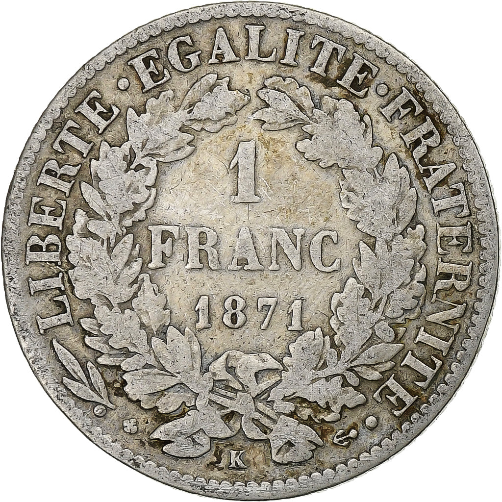 Frankrijk, Franc, Cérès, 1871, Bordeaux, Zilver, FR, Gadoury:465, KM:822.2