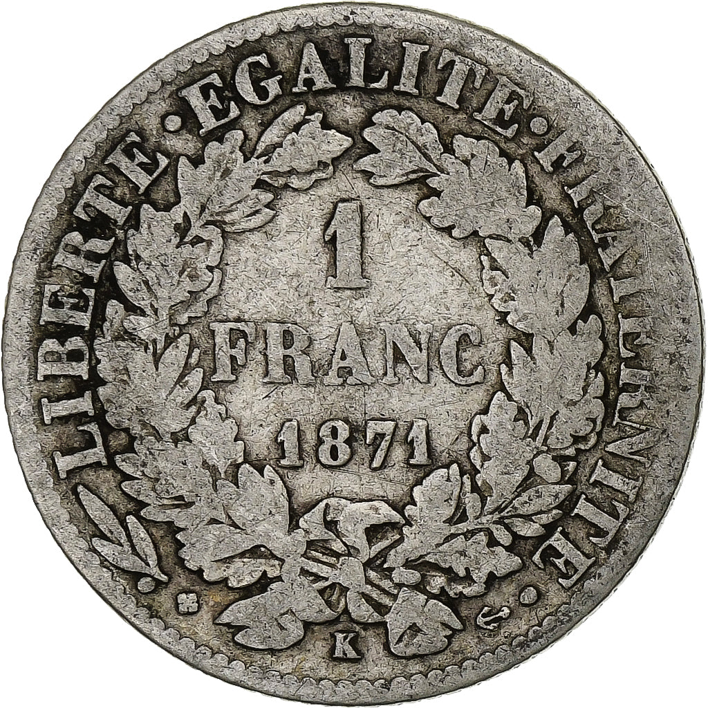 Francia, Franc, Cérès, 1871, Bordeaux, Plata, BC+, Gadoury:465, KM:822.2