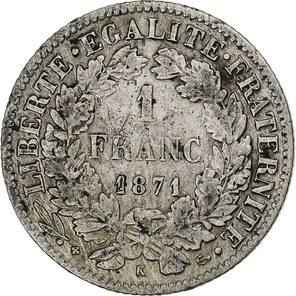 Francia, Franc, Cérès, 1871, Bordeaux, Plata, BC+, Gadoury:465, KM:822.2