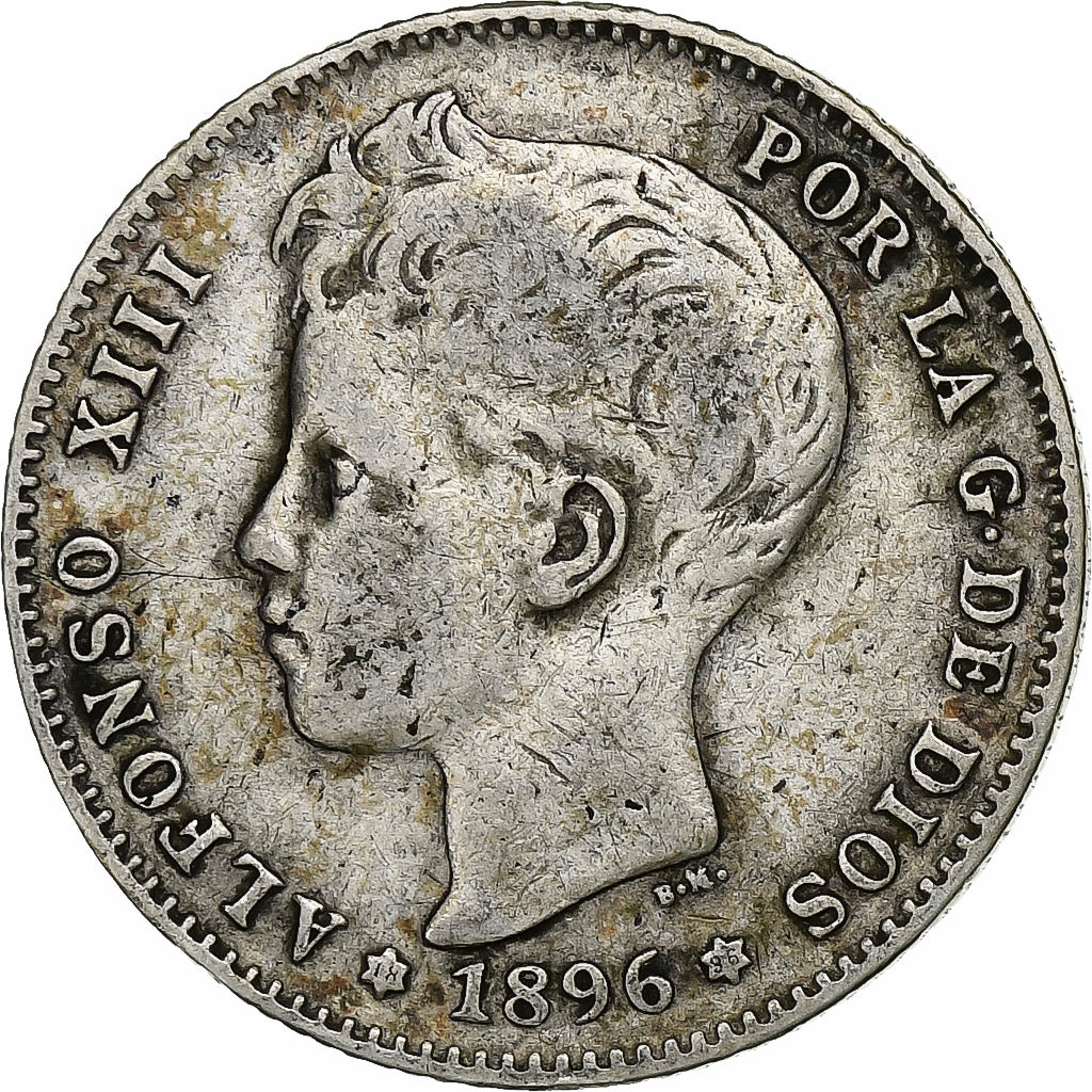 España, Alfonso XIII, Peseta, 1896, Plata, BC+, KM:706