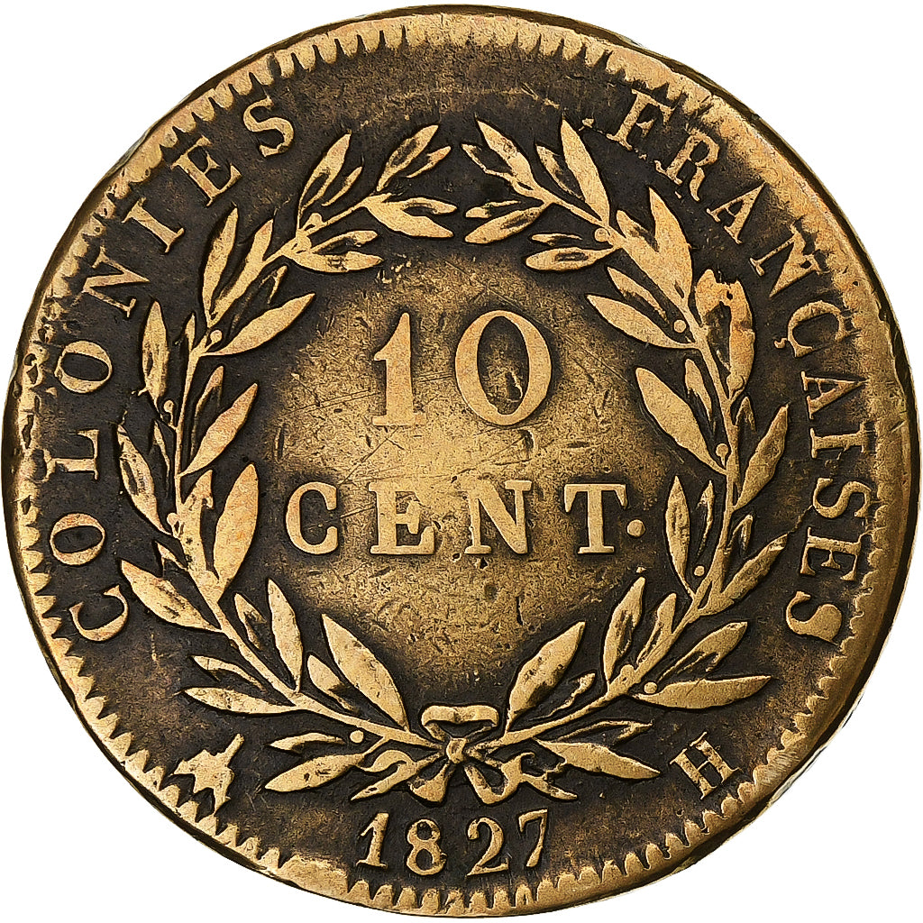 FRENCH COLONIES, Charles X, 10 Centimes, 1827, La Rochelle, Bronze, EF(40-45)