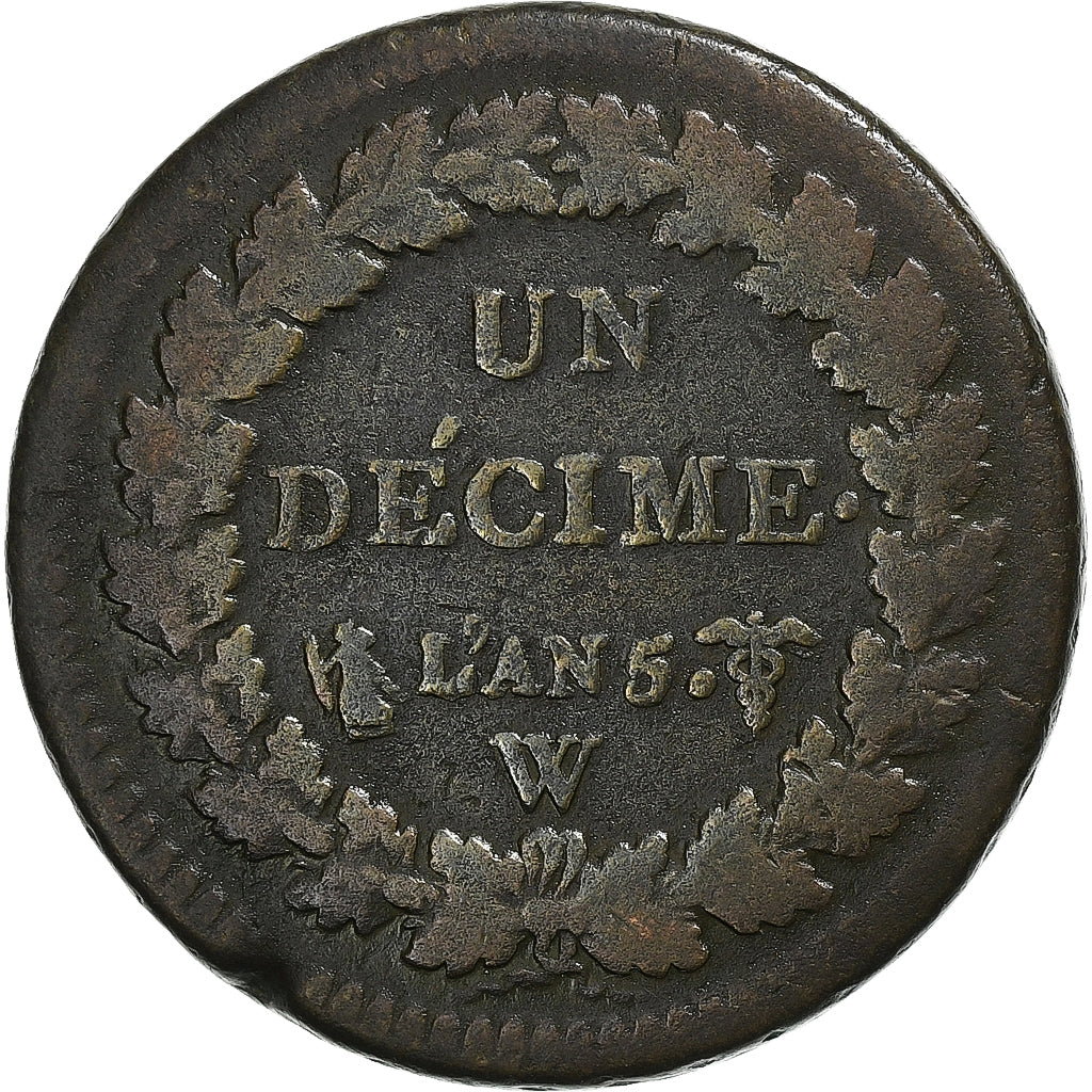 França, Decime, Dupré, AN 5, Lille, Bronze, VF(20-25), KM:644.11