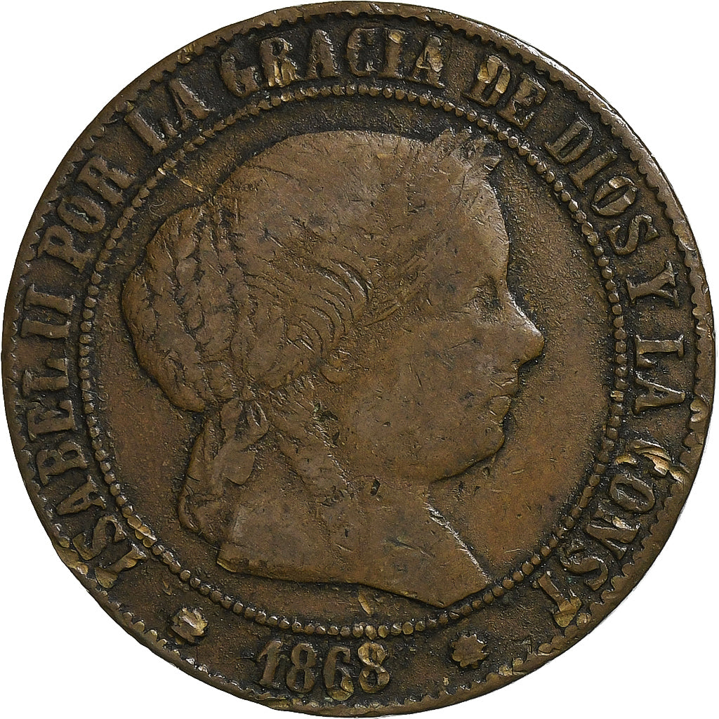 Spain, Isabel II, 5 Centimos, 1868, Madrid, Copper, VF(20-25), KM:635.1