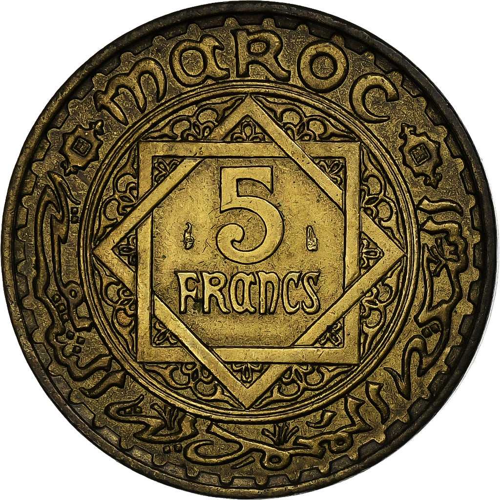 Marokko, 5 Francs, AH 1365/1946, Paris, Aluminum-Bronze, SS+, KM:E34