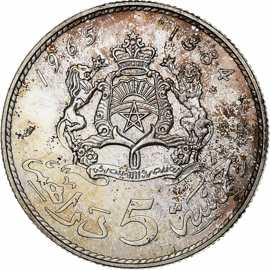 Morocco, al-Hassan II, 5 Dirhams, 1965, Paris, Silver, MS(63), KM:57