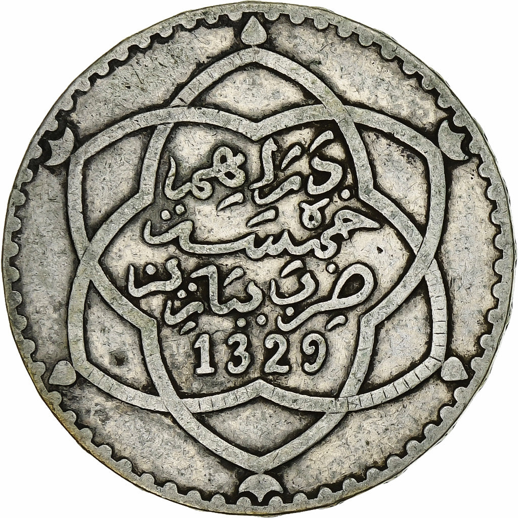Morocco, 'Abd al-Hafiz, 1/2 Rial, 5 Dirhams, 1911/AH1329, bi-Bariz, Silver