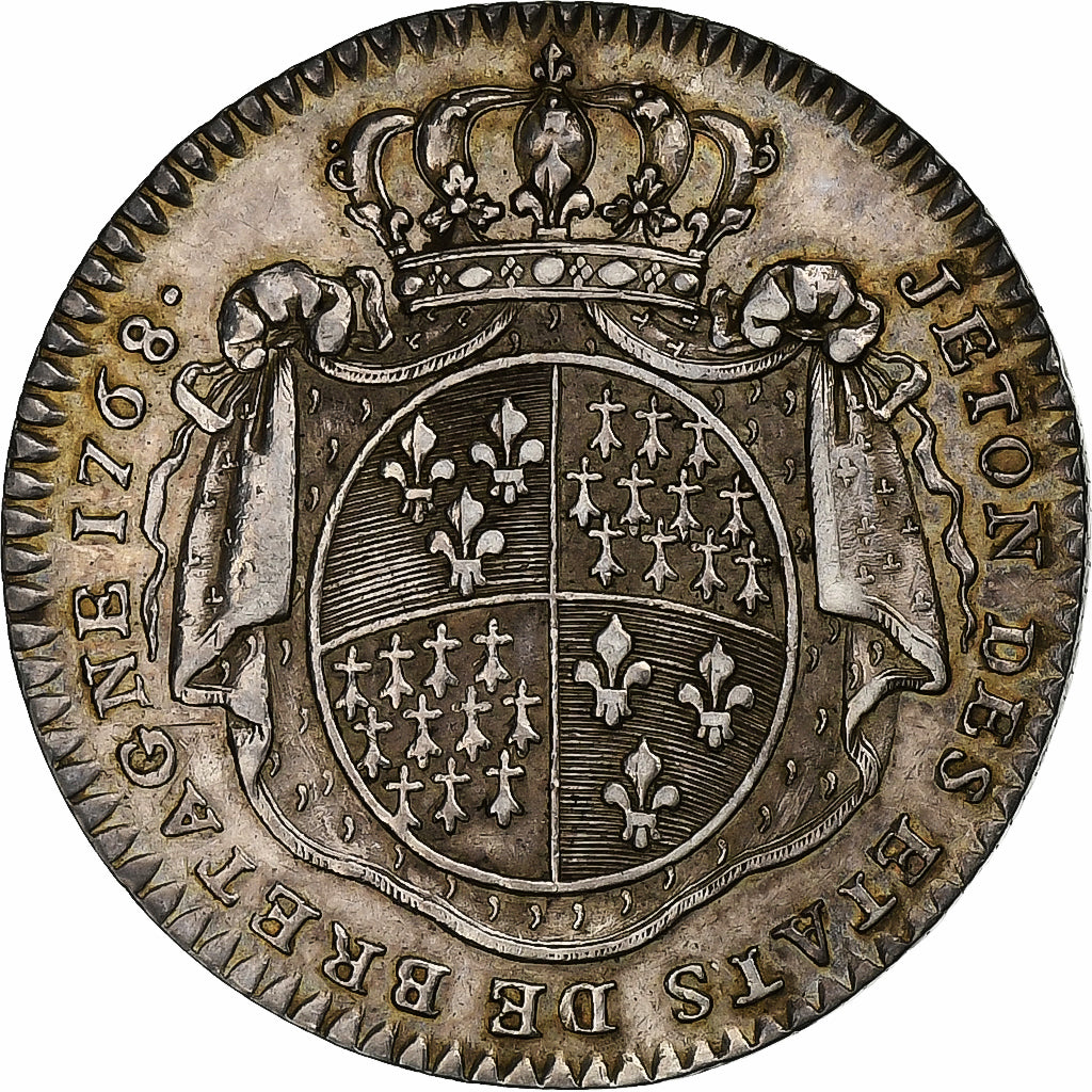 França, Token, Luís XV, États de Bretagne, Rennes, 1768, Prata, AU(50-53)