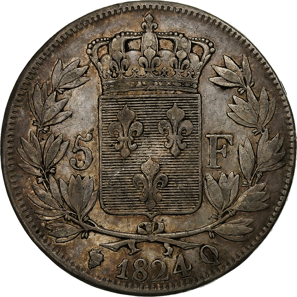 France, 5 Francs, Louis XVIII, 1824, Perpignan, Argent, TTB, Gadoury:614
