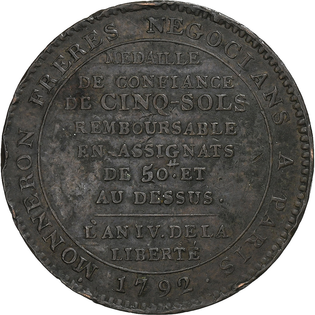 France, Monneron de 5 Sols, 1792, Bronze, TTB