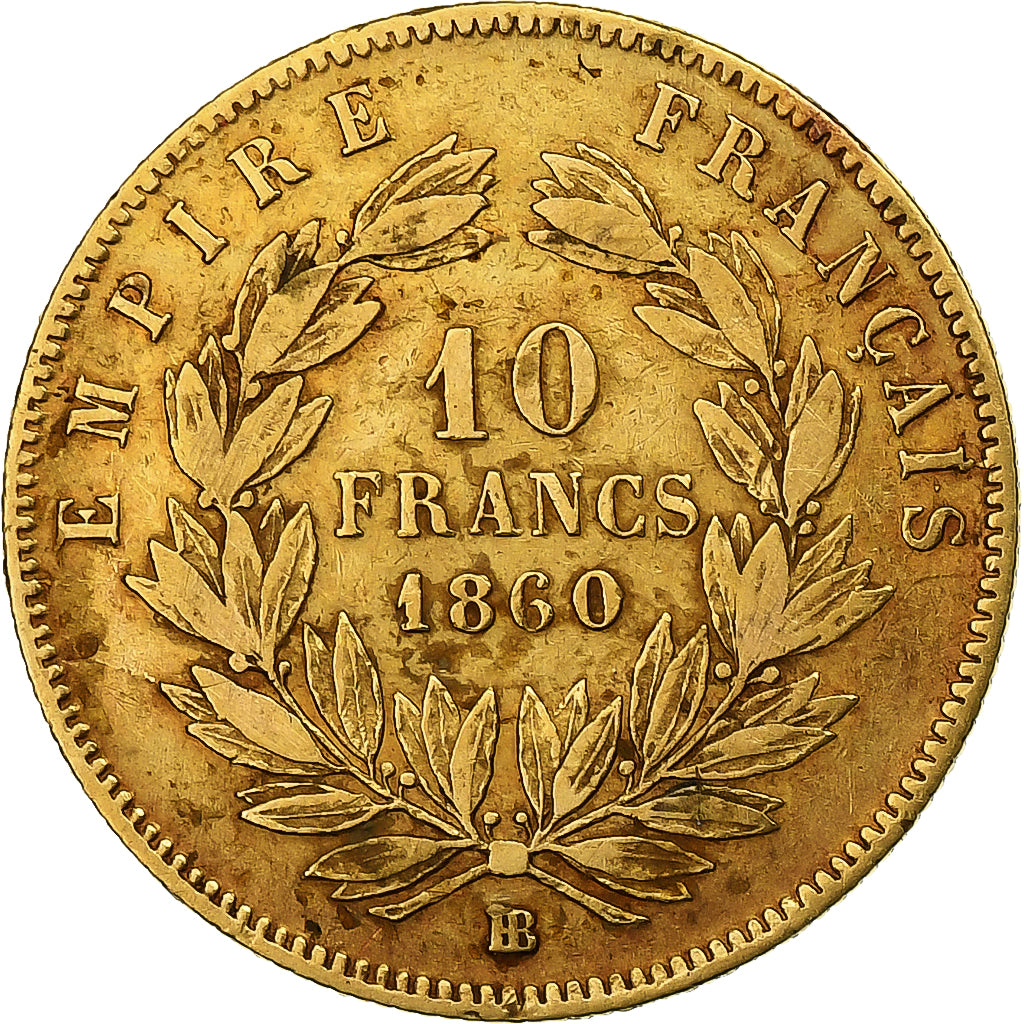 France, Napoleon III, 10 Francs, 1860, Strasbourg, Gold, EF(40-45)
