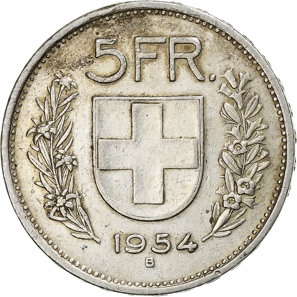Coin, Switzerland, 5 Francs, 1954, Bern, EF(40-45), Silver, KM:40