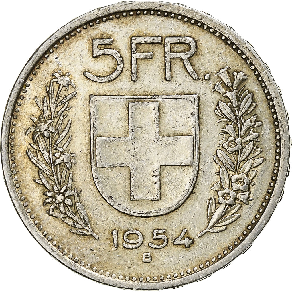Coin, Switzerland, 5 Francs, 1954, Bern, EF(40-45), Silver, KM:40