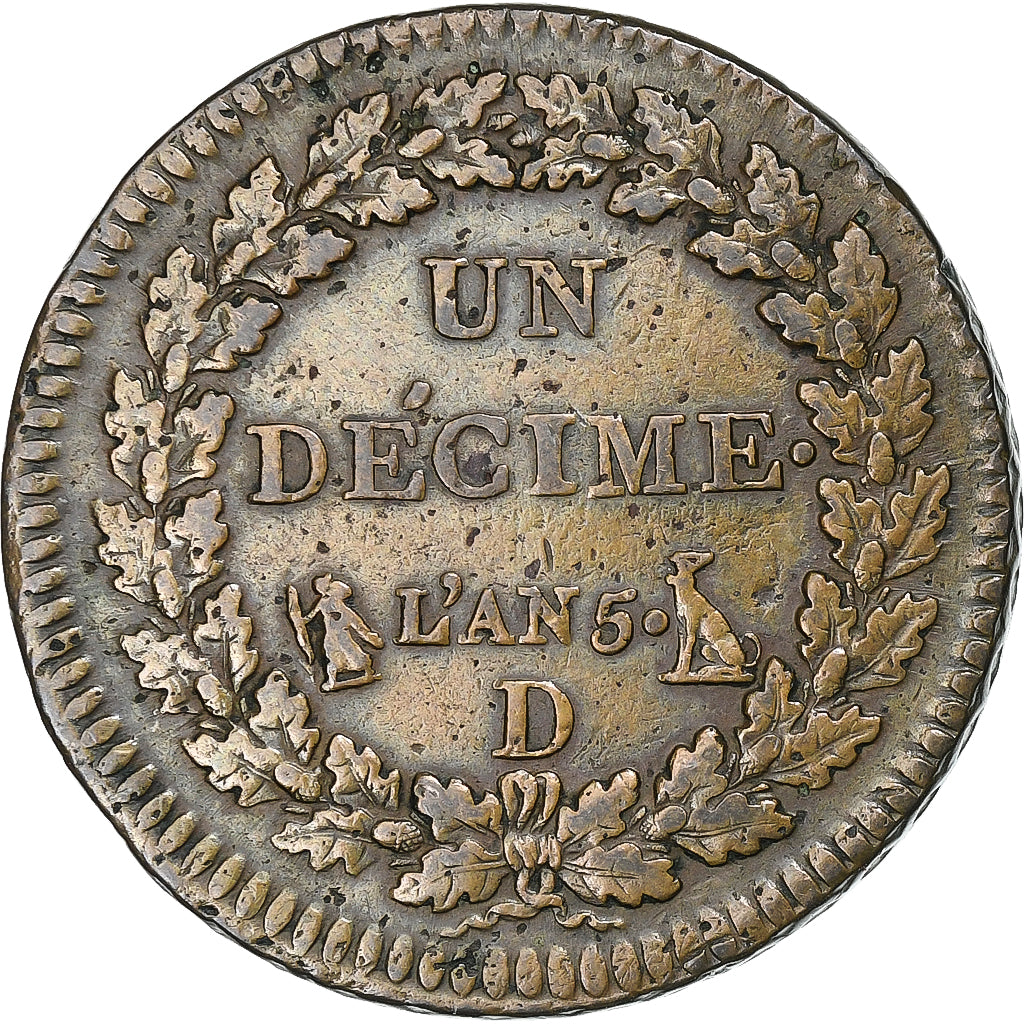 Francia, Decime, Dupré, AN 5, Lyon, Bronzo, BB, Gadoury:187, KM:645.5