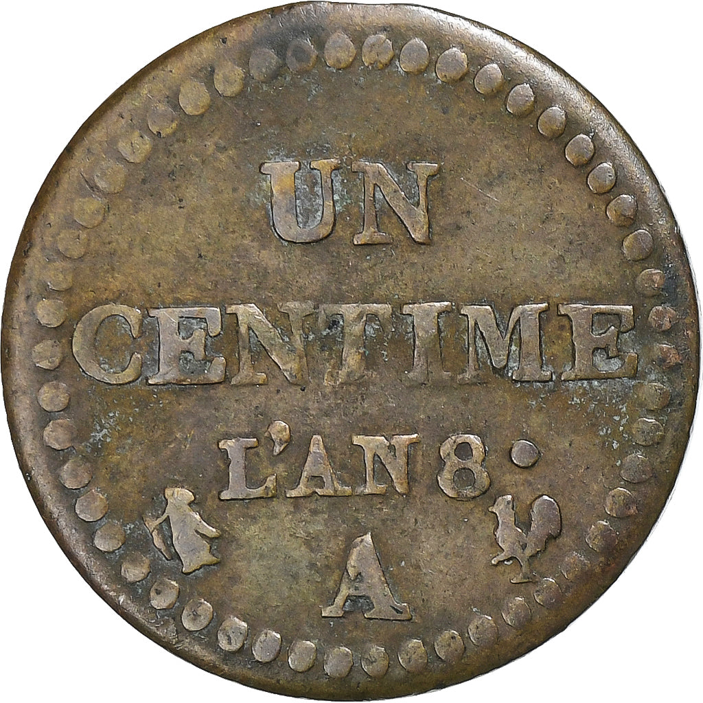 France, Centime, Dupré, AN 8, Paris, Bronze, TB+, Gadoury:76a, KM:646